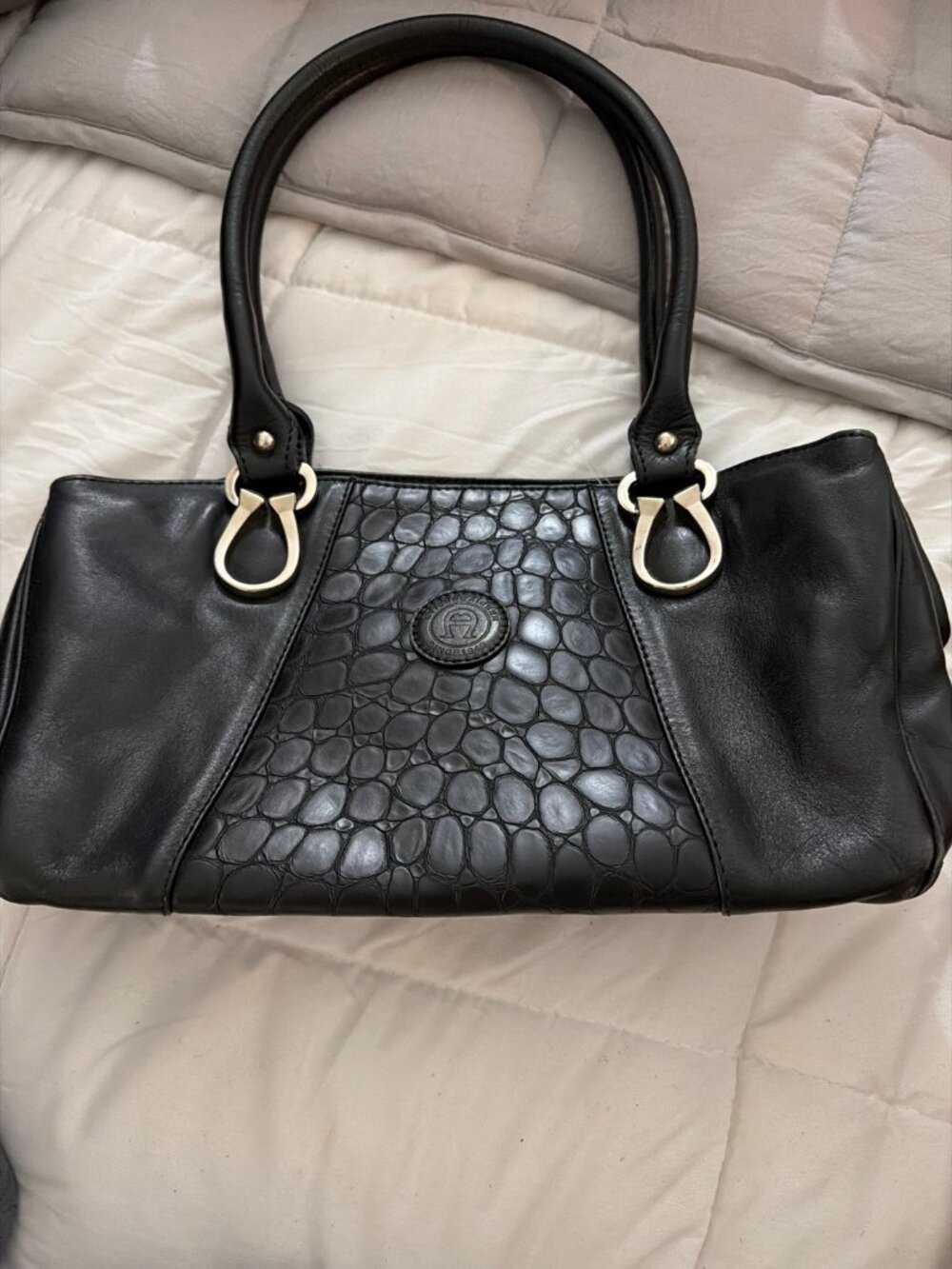 Etienne Aigner Black Leather Handbag with Croc-Embossed Panel